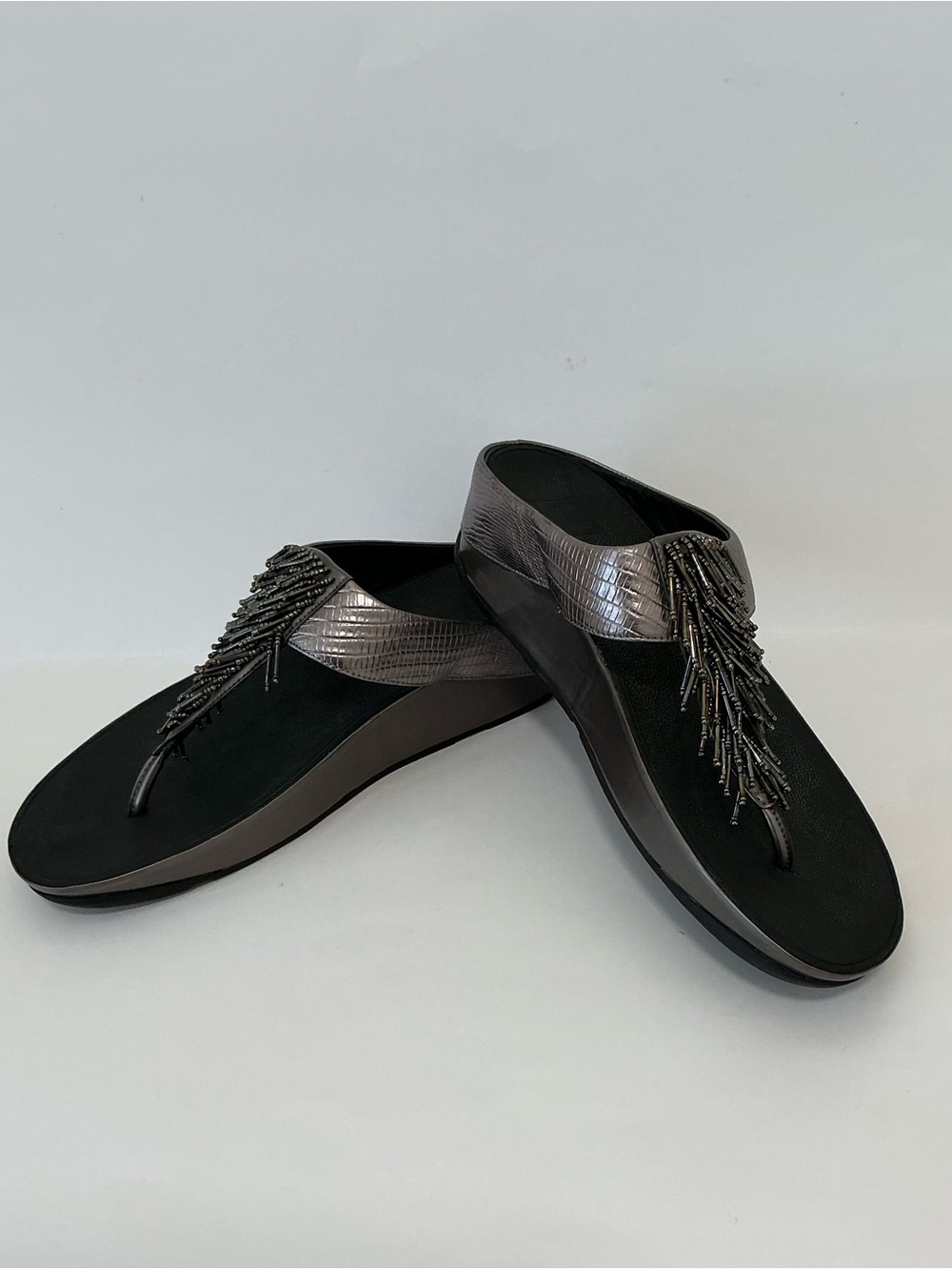 FitFlop Rumba Cha Cha Beaded Fringe Sandals, Pewter Gray / Silver Metallic, 10
